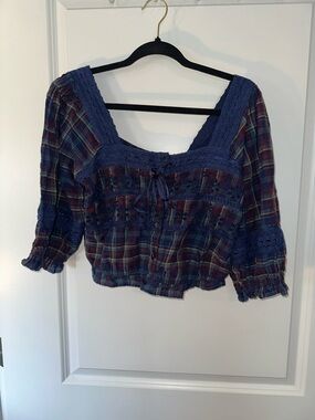 American Eagle Small Boho Plaid Crochet-Trim Navy Women’s Cropped Peasant Top